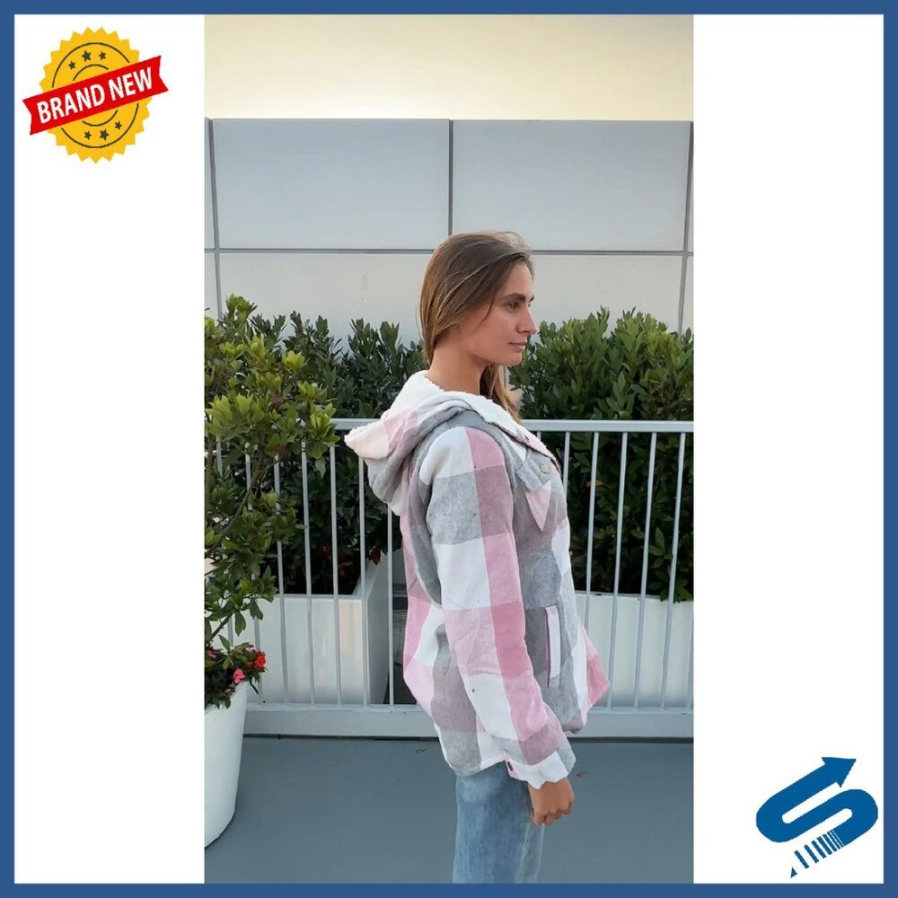 Women's Plaid Shacket Hooded Fleece Jacket Long Sleeve Oversized Fit - Picture 7 of 8